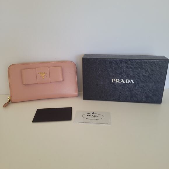 PRADA Saffiano Fiocco Orchidea Wallet Clutch Large Light Pink Zip Around Bow Box - Picture 1 of 13